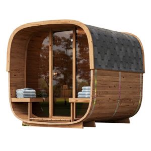 Sauna tonneau vitré extérieur avec terrasse - Squarcle S