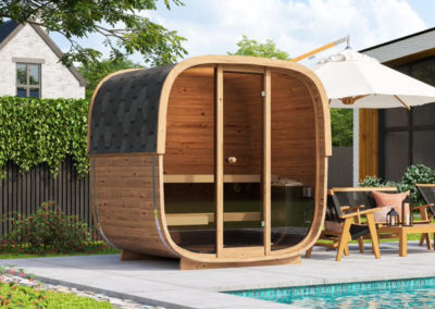 Sauna tonneau vitré extérieur avec terrasse - Squarcle S